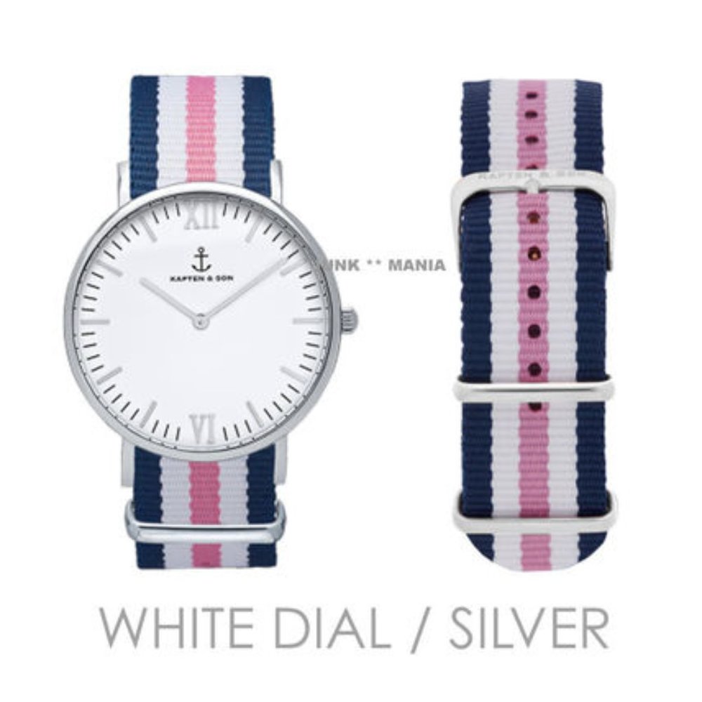 Kapten & Son Campus Sail Watch. Anchor Face. Navy Blue & Pink Nylon Ribbon Band